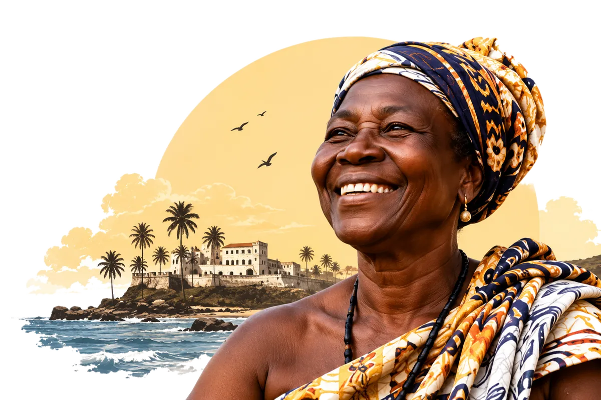 A smiling Ga elder in a printed headwrap and cloth, with the coast, palm trees and a castle behind her